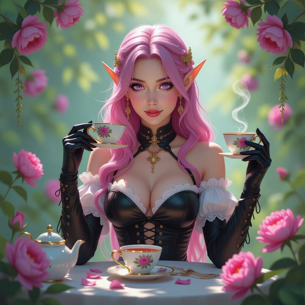 Elf Serving Tea in Peony Garden, Alcohol Ink Style