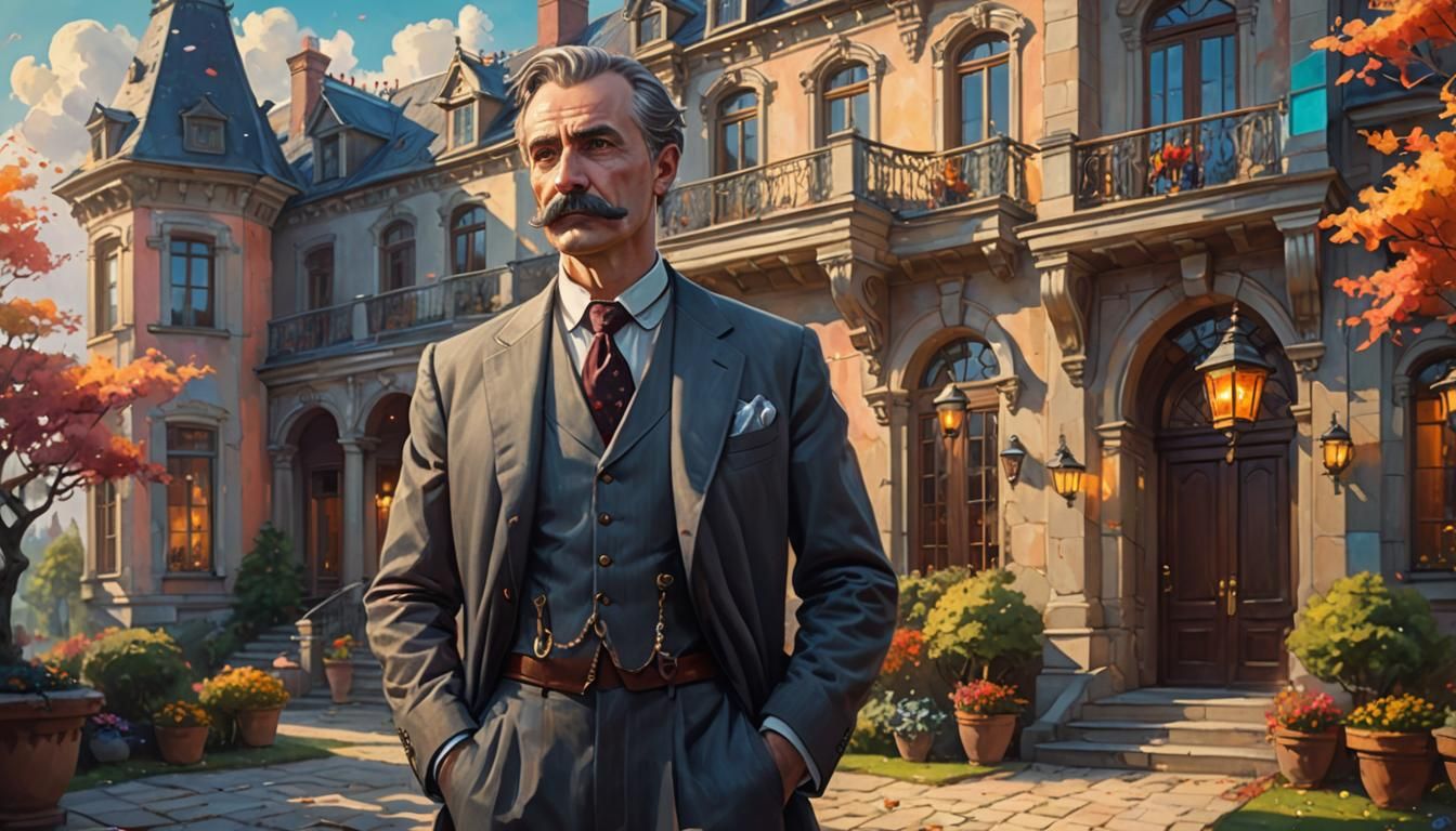 Polish Gentleman in Front of Mansion: Oil Painting