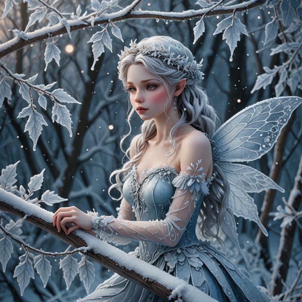 Enchanting Fairy Perched on a Frosty Branch in a Whimsical W...