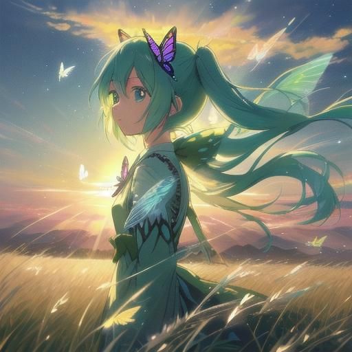 Hatsune Miku with Butterfly Wings in Anime Style
