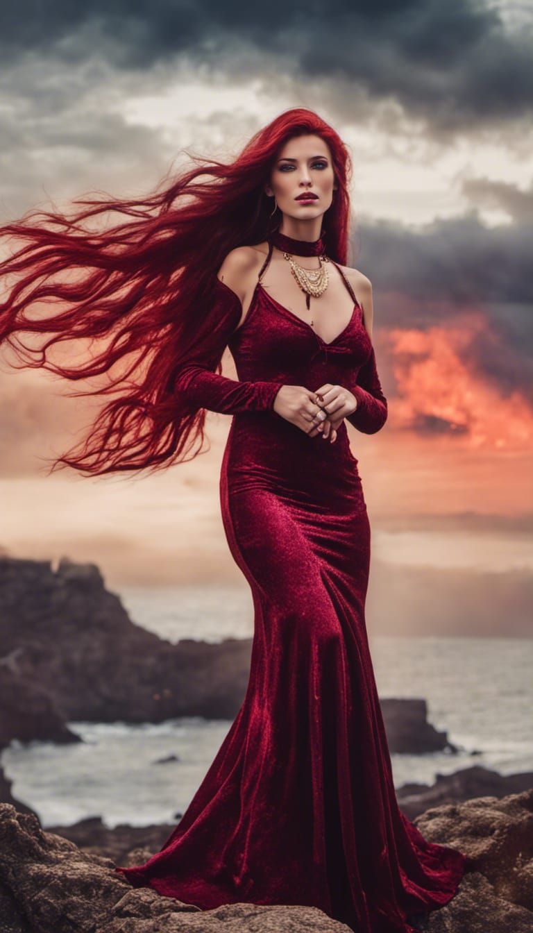 Beautiful Sorceress with Ruby at Seaside Sunrise