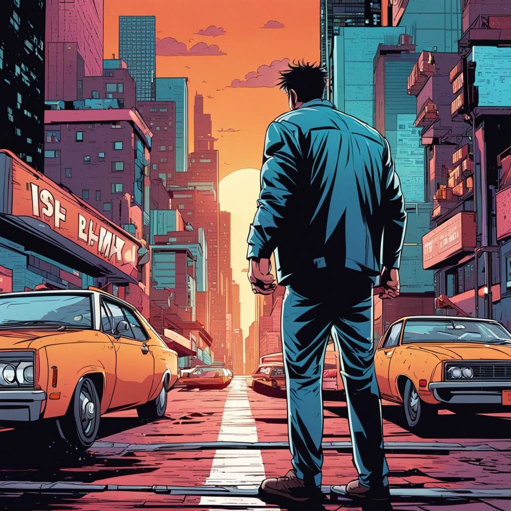 Heroic Cityscape in Neon Lit Alleyway