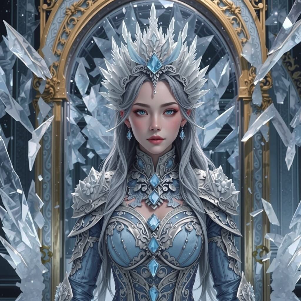 Ethereal Regal Woman in Monochromatic Ice Chamber