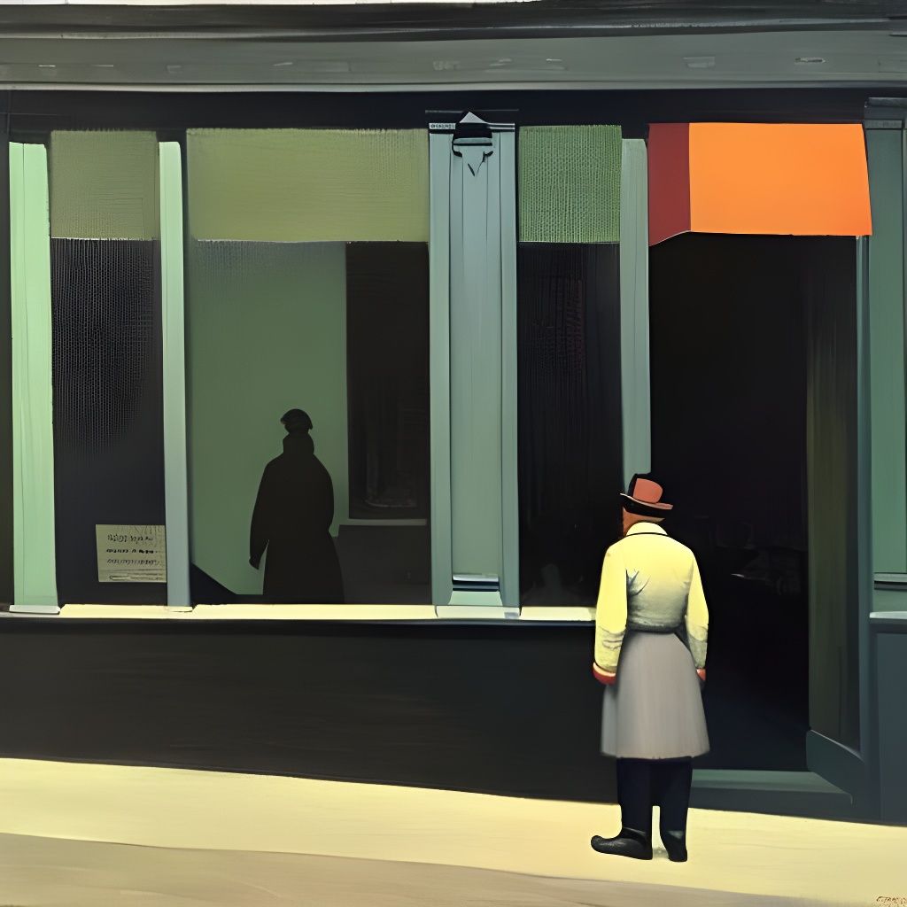 Melancholy Man at Shop Window in Hopper Style