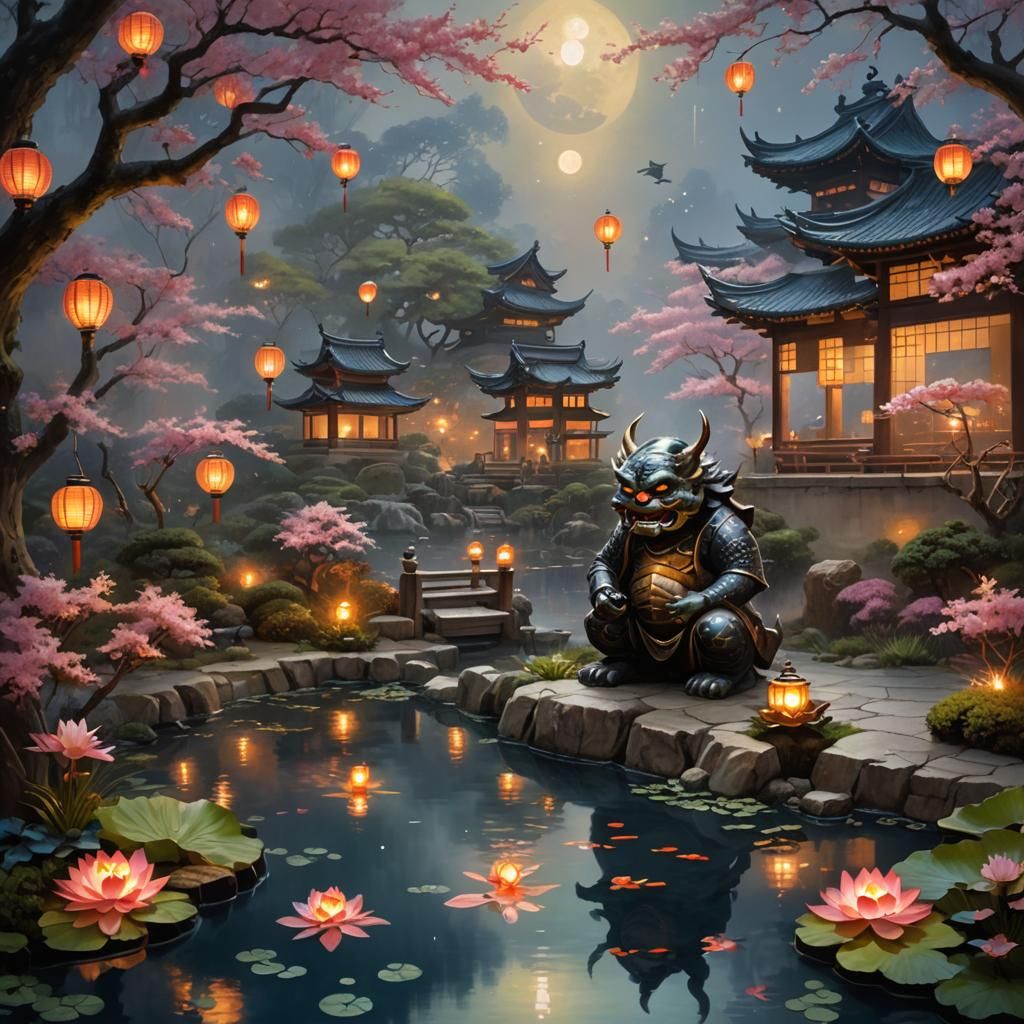 Oni in Lantern-Lit Japanese Garden