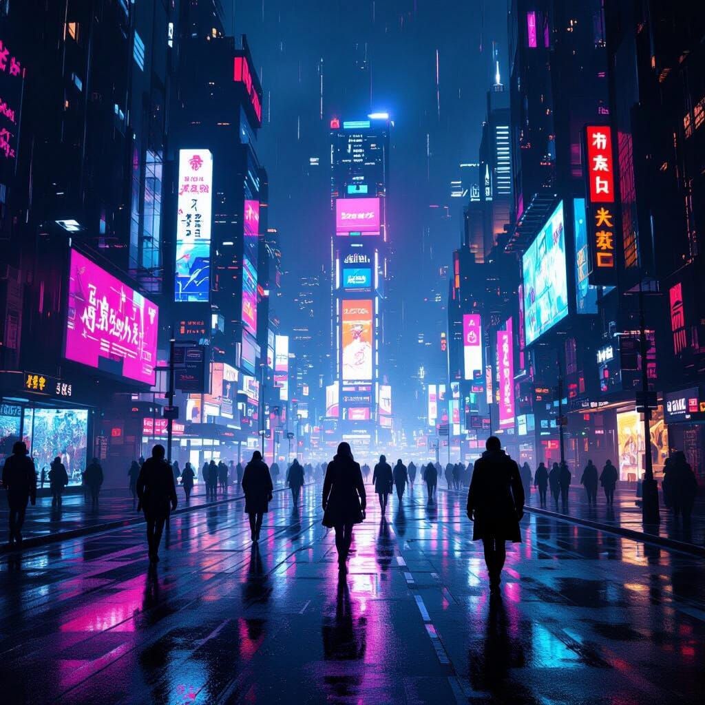 Cyberpunk Cityscape: Neon Skyscrapers and Rain