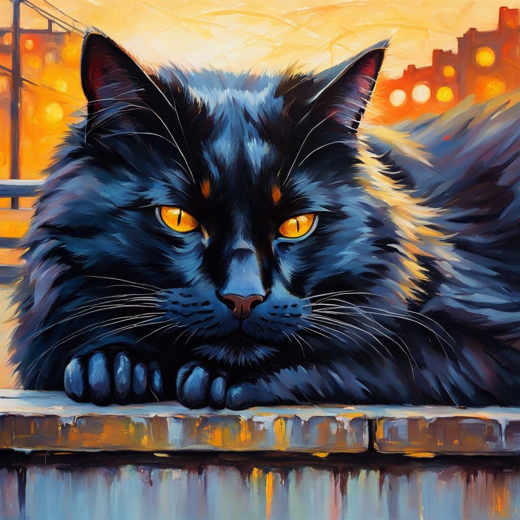 Giant Black Cat Blocking Traffic: Oil Painting