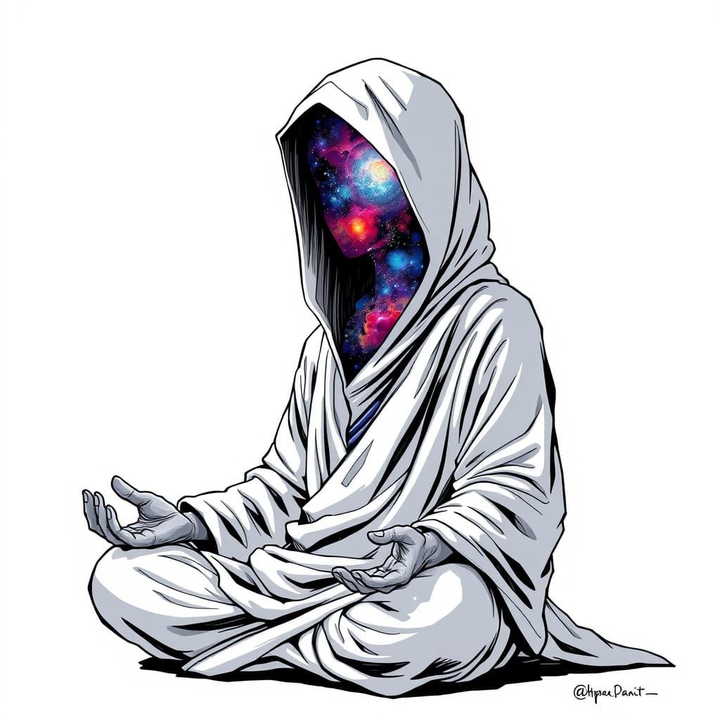 Cosmic Entity Meditates in Starry Nebula Hooded Cloak