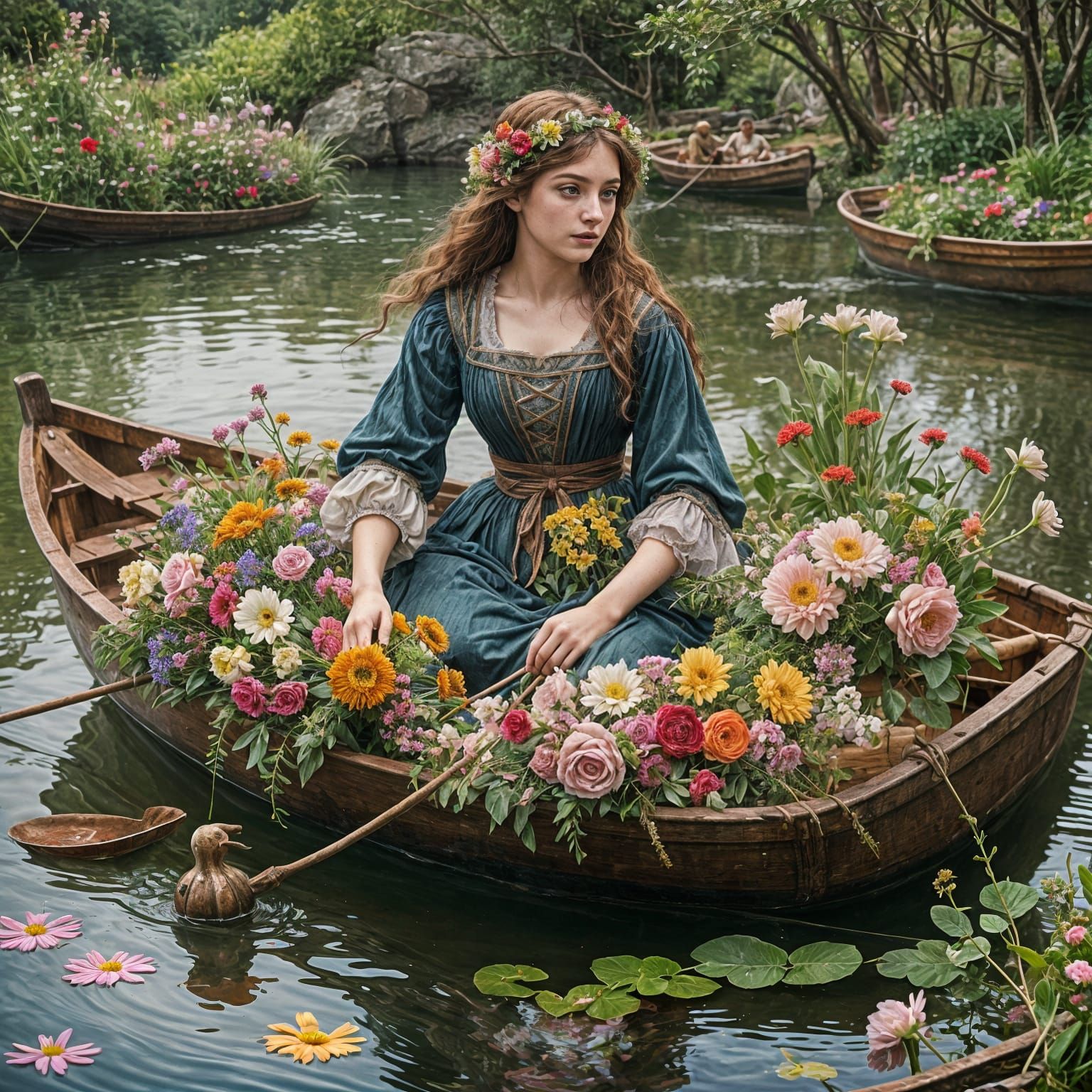 Pre-Raphaelite Flower Seller in a Mystical Boat