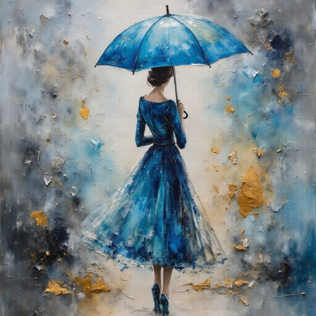 Woman with Blue Umbrella: Watercolor Palette Knife Art