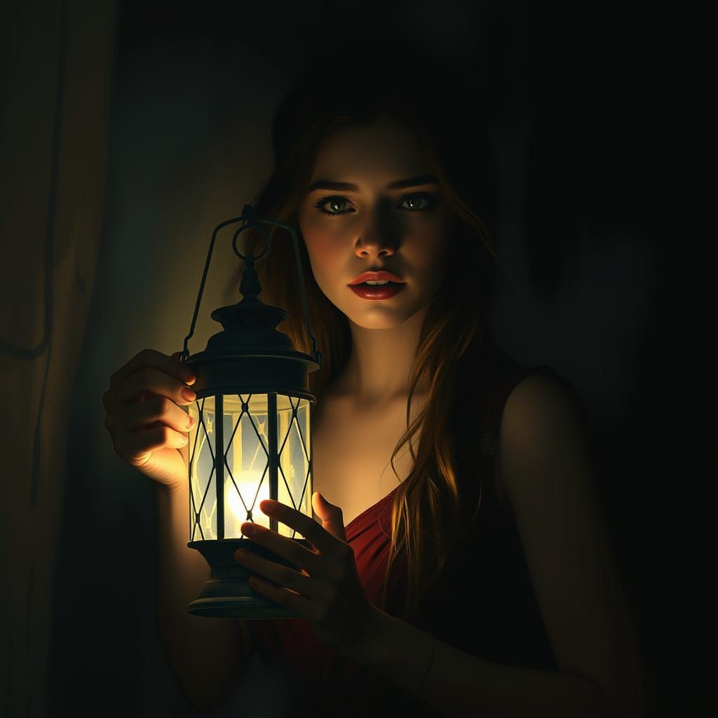 Woman with Lantern in the Dark, Digital Painting