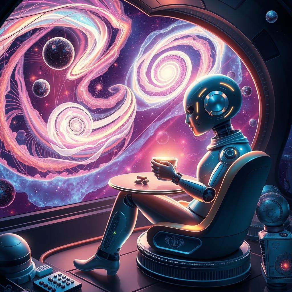 Cosmic AI Entity Sips Coffee in Futuristic Zero-Gravity Cafe...