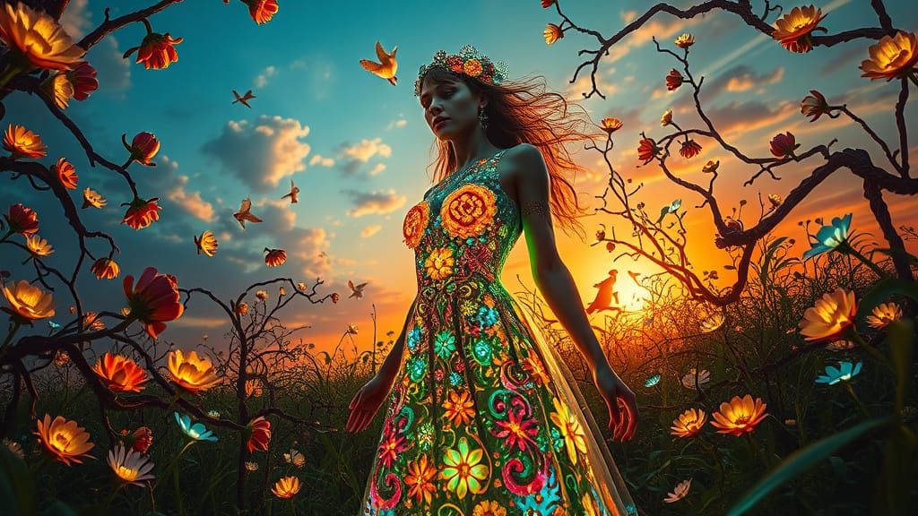 Surrealist Dreamscape in Klimt-Style, with Mystical Woman an...