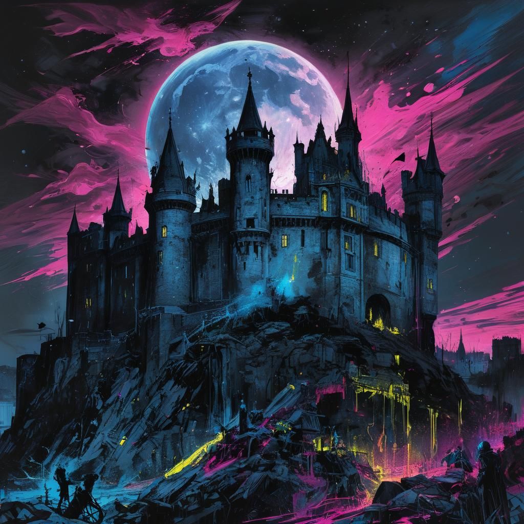 Giant Black Super Moon over Castle Ramparts