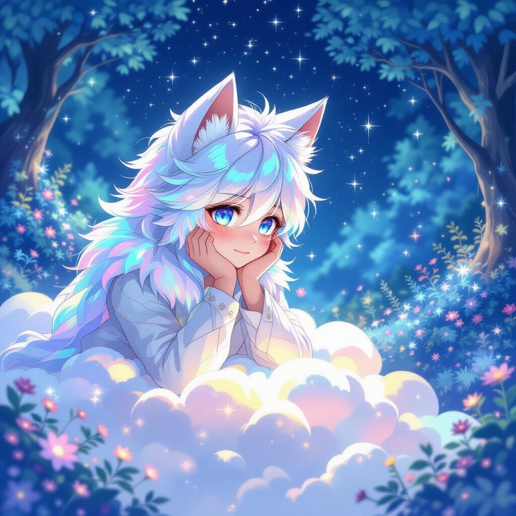 Ethereal Aurora Boy on Moonlit Cloud, Anime Fantasy