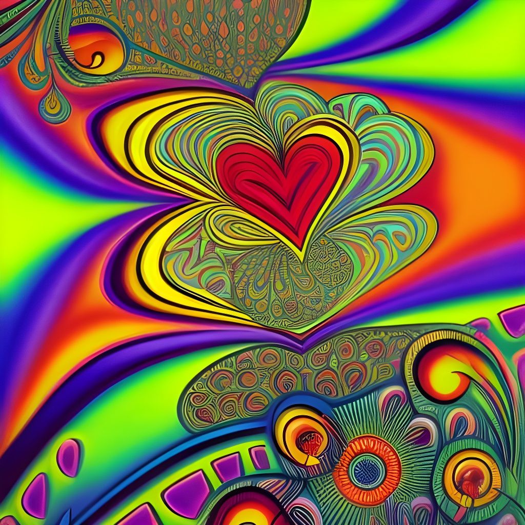 Psychedelic 60s Pop Art with Hearts and Flowers