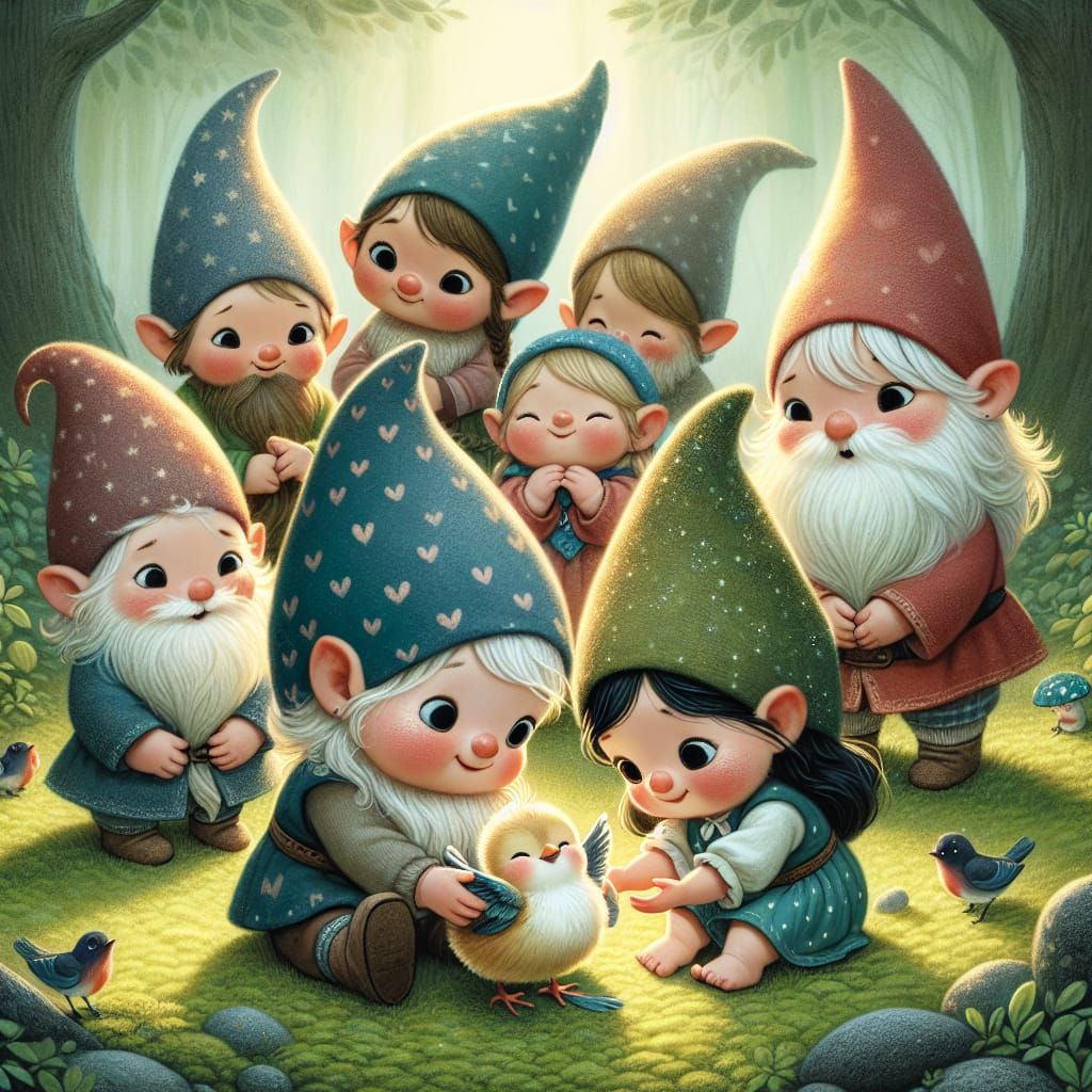Gnomes Heal a Bird: Storybook Illustration