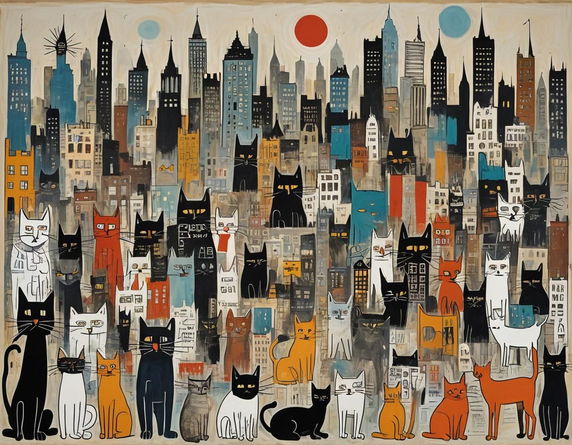 Abstract Cityscape with Cats: Basquiat-Inspired Art