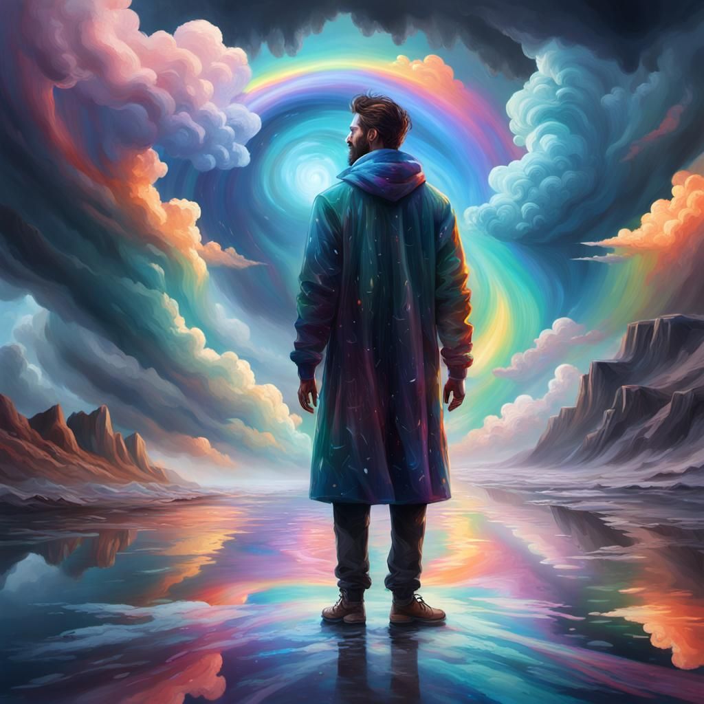 Serene Man in Colorful Storm: Hyperrealistic Concept Art