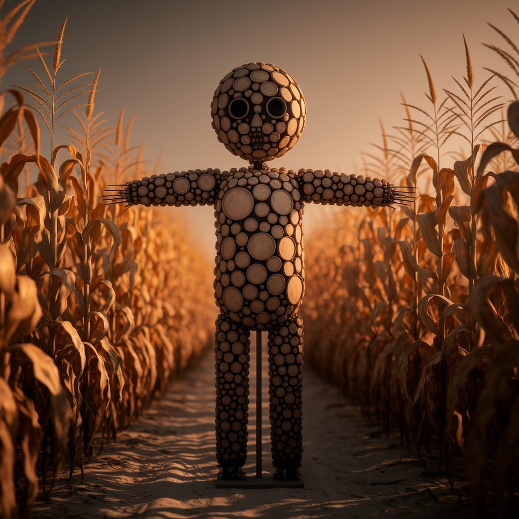 Scarecrow Sculpture in Corn Field in Huma Bhabha Style