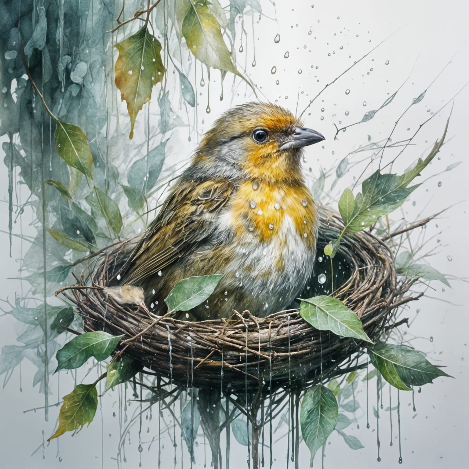 Young Finch Nestles in Rain-Soaked Sycamore