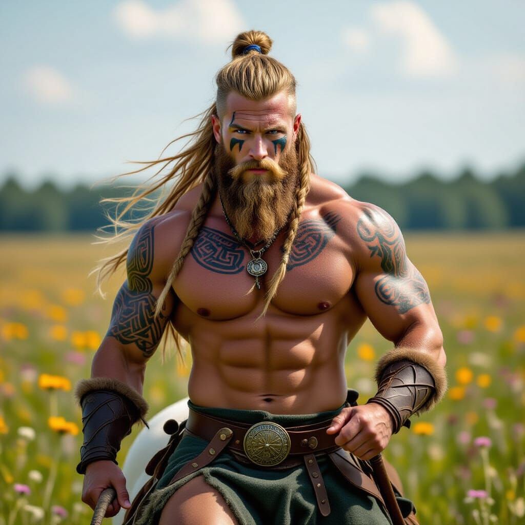 Viking Centaur Gallops Through Wildflower Field