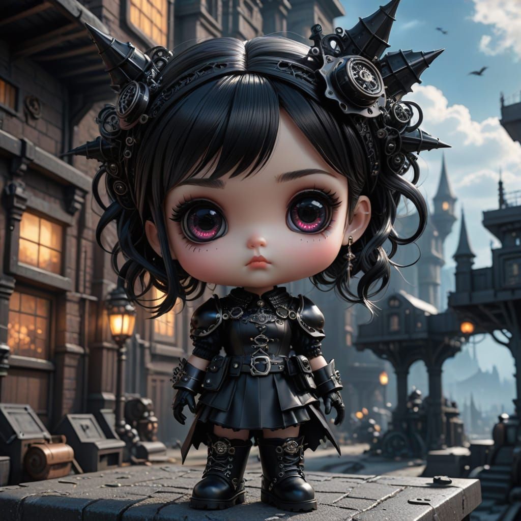 Gothic Chibi Doll in Epic Cinematic Scene