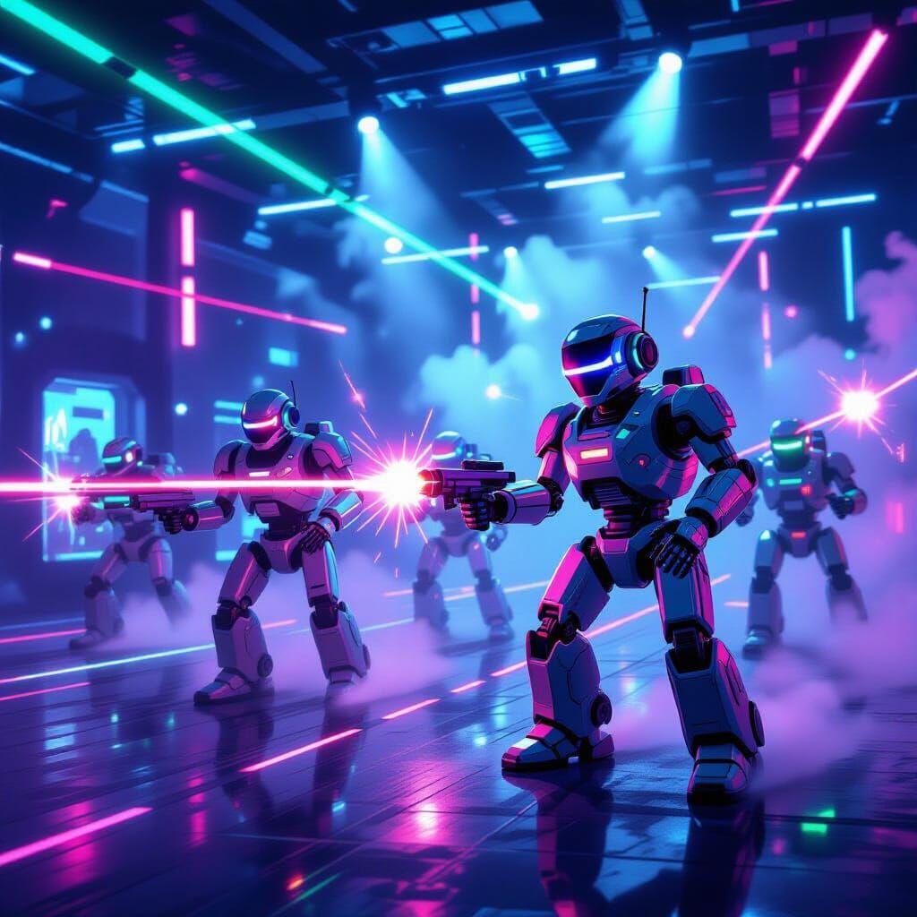 Robots Play Laser Tag in Futuristic Neon Arena