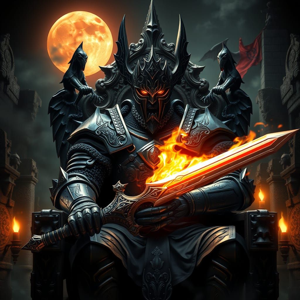 Dark Fantasy King Seated on Gothic Throne in Anime-Style Por...