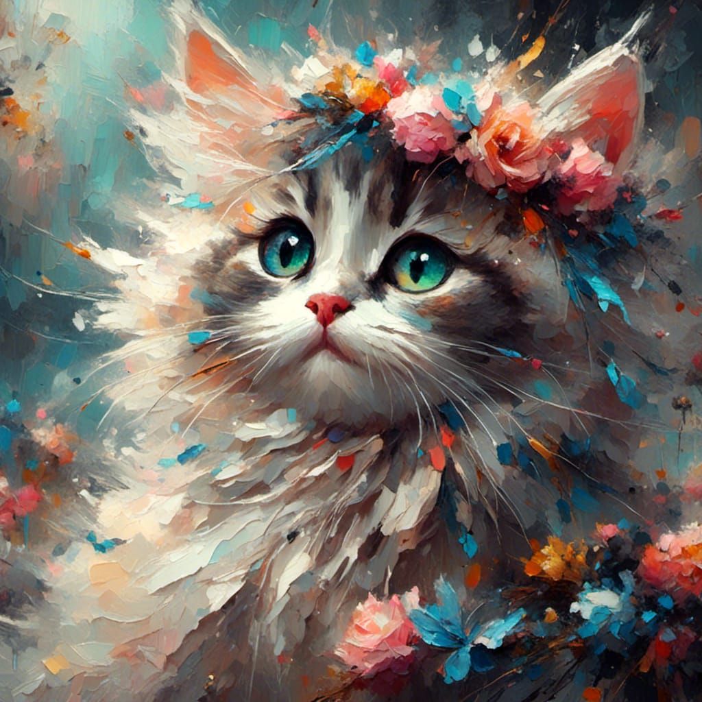 Cute Kitty Cat in Oil and Grunge Style