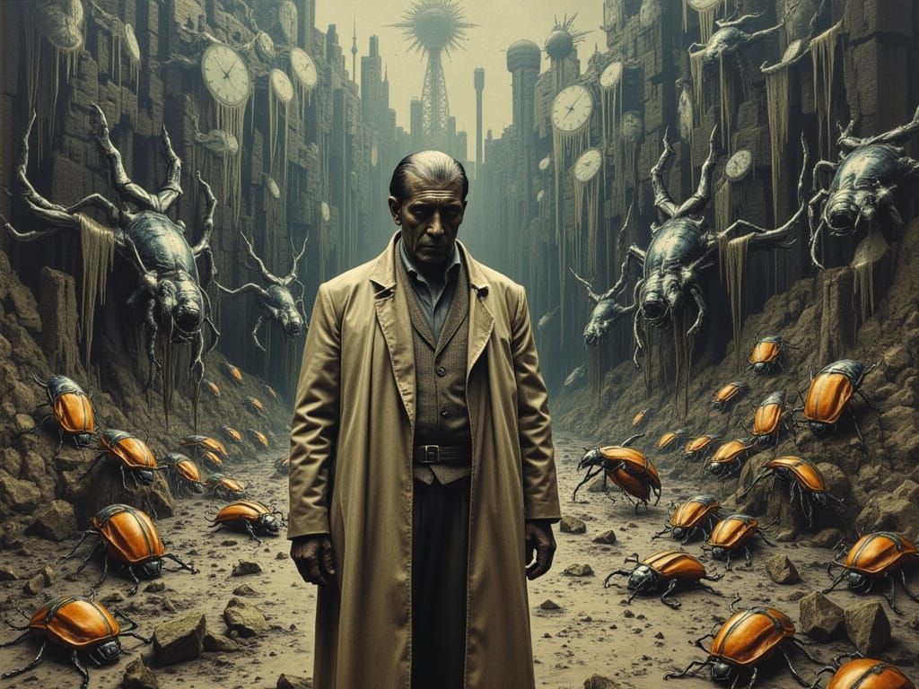 Exterminator Faces Beetle Court in Surreal Dalí-esque Landsc...