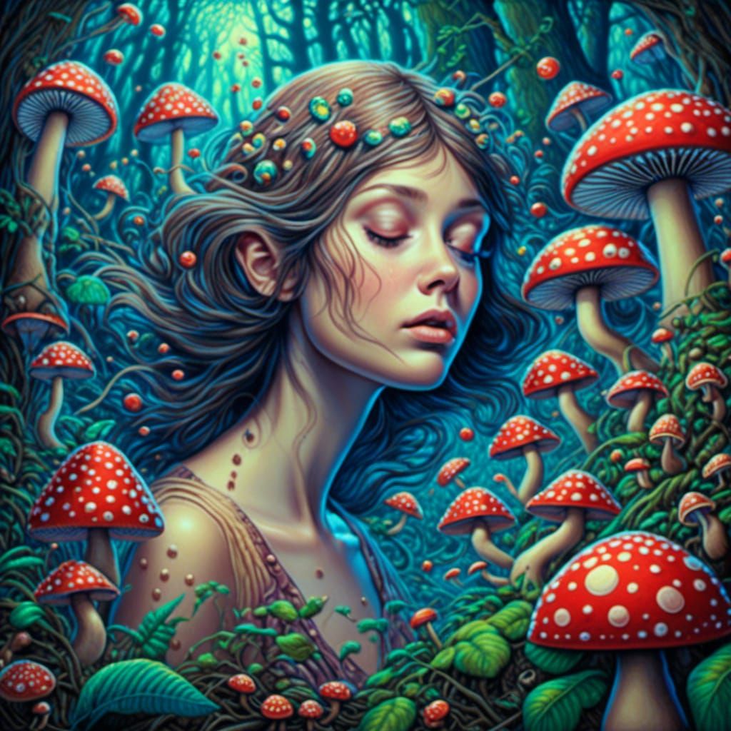 surreal portrait of a woman with mushrooms growing everywhere <lora:FarOut:1.0>