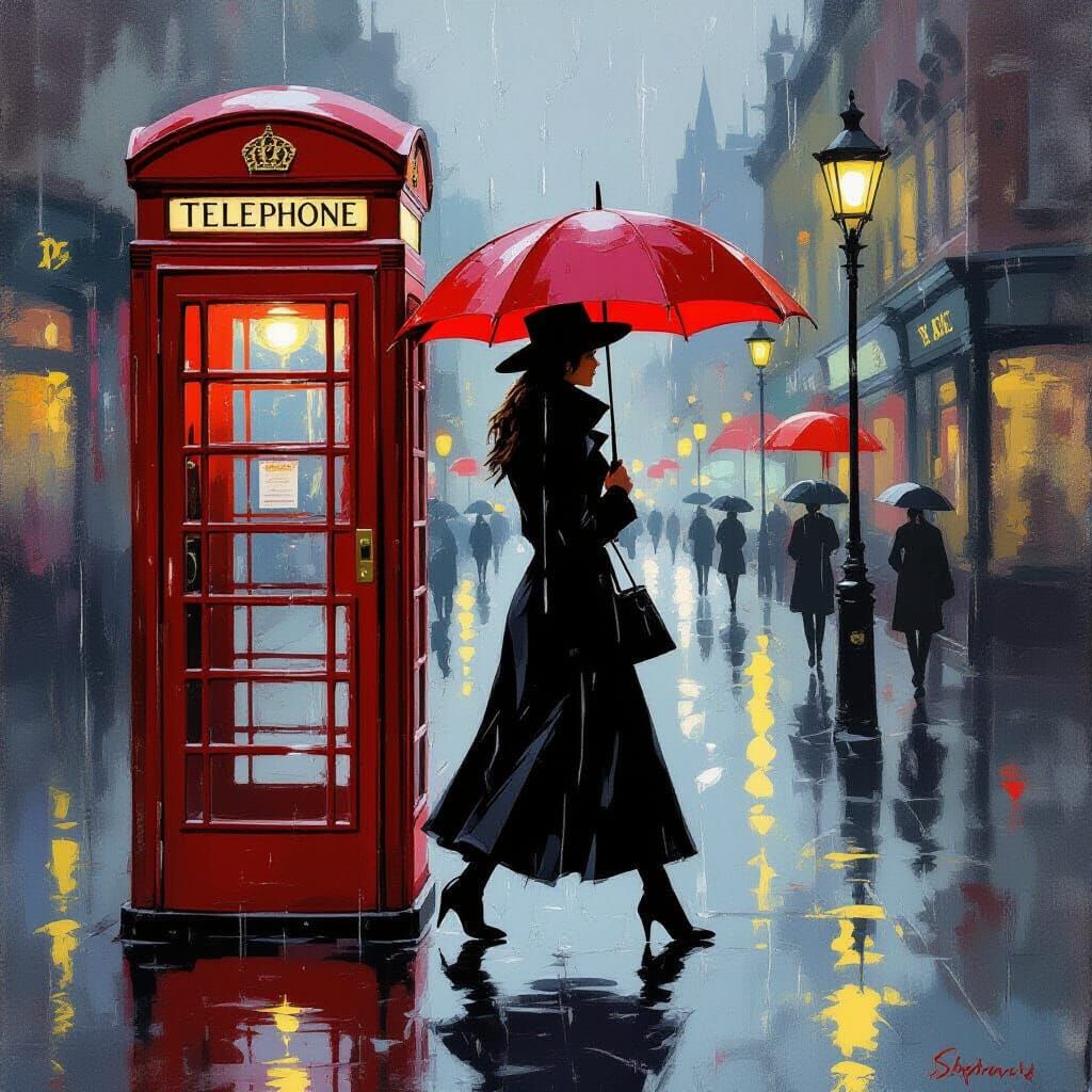 London Rainy Day: Woman with Red Umbrella in Lowry Style