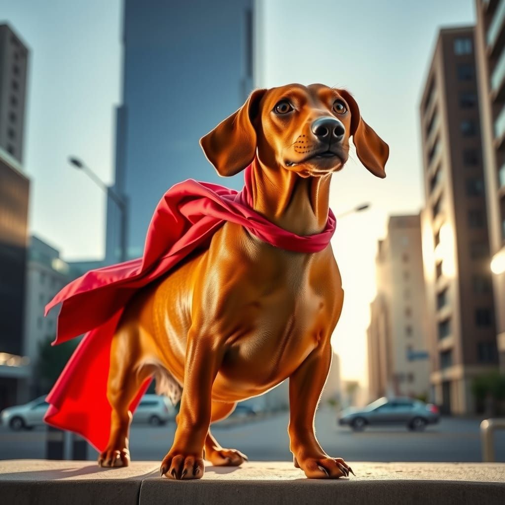 Superhero Dachshund in Dawn Cityscape