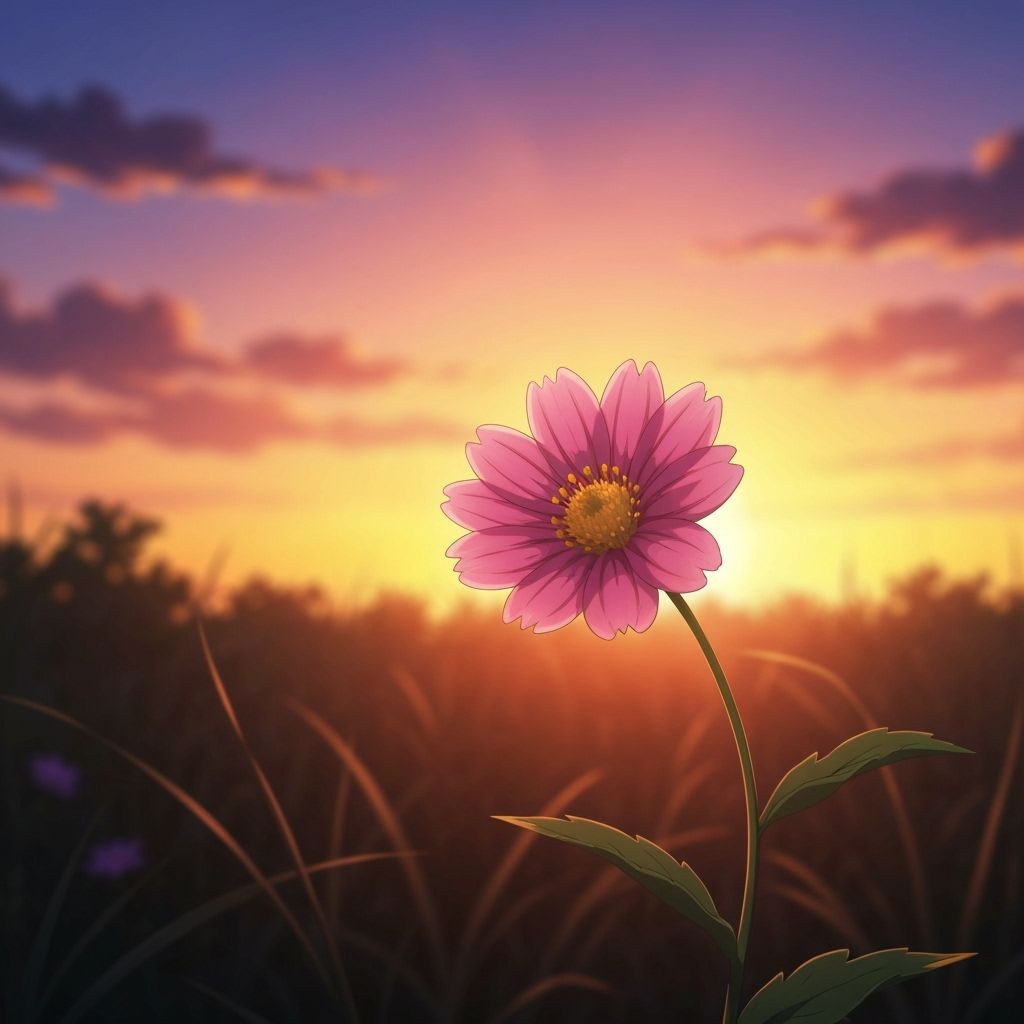 Vibrant Flower in Sunset Glow, Anime Key Visual Style