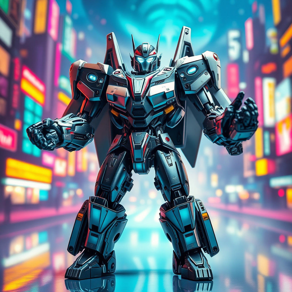 Futuristic Transforming Robot in Neon Cityscape