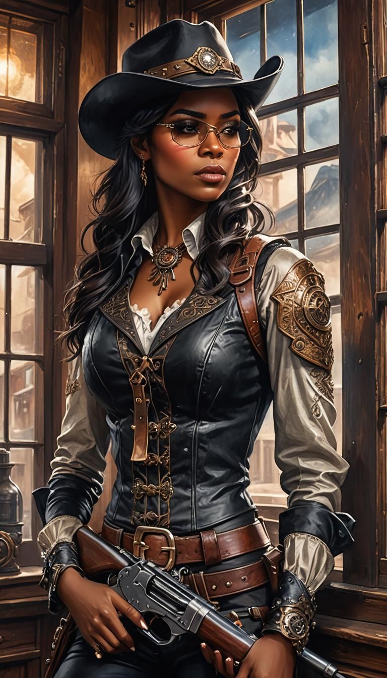 Steampunk Cowgirl Portrait in Saloon with Rifle
