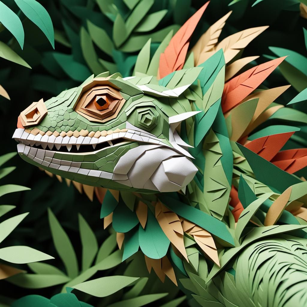 Iguana Portrait in Papercraft Style