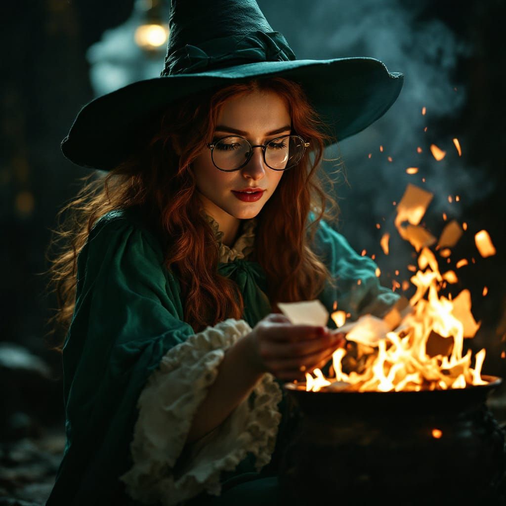 Witch in Mint Green Hat Throws Parchment into Fire