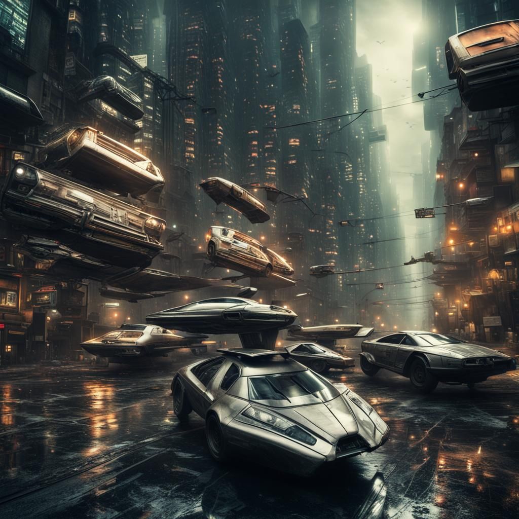 Hyperrealistic Bladerunner Cityscape with Flying Cars