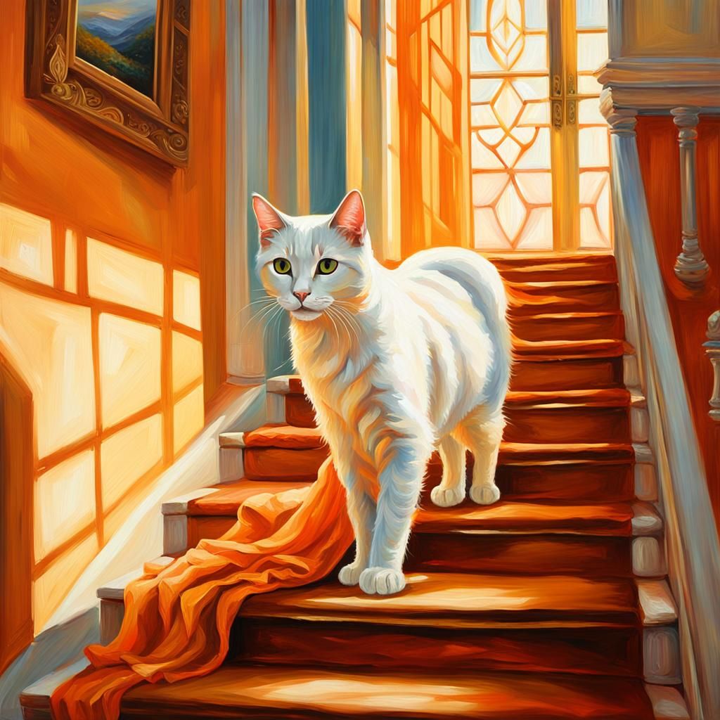 White Cat in Glowing Gown: Vibrant Oil Painting