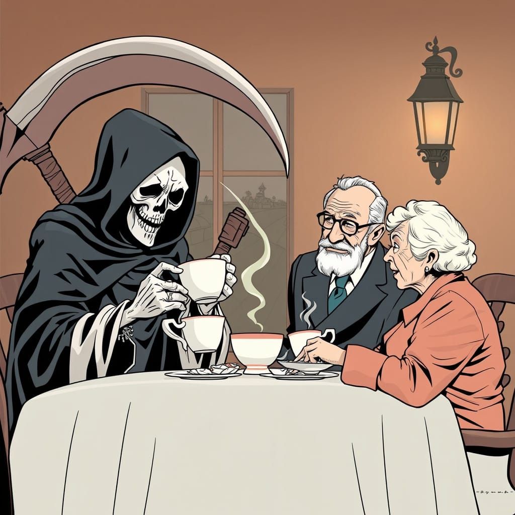 Grim Reaper Sips Tea with Elderly Couple in Comic Book Art