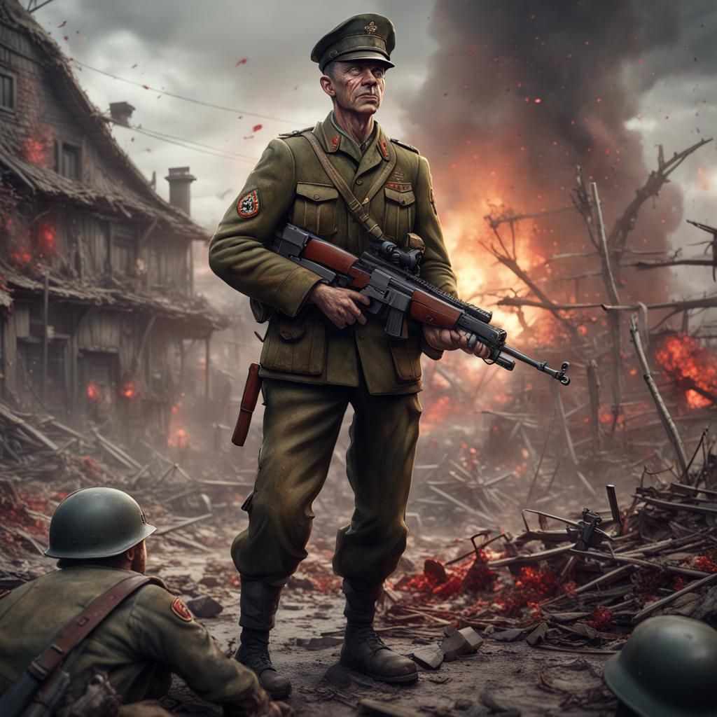 Bloody German General with Machine Gun, Detailed Digital Art