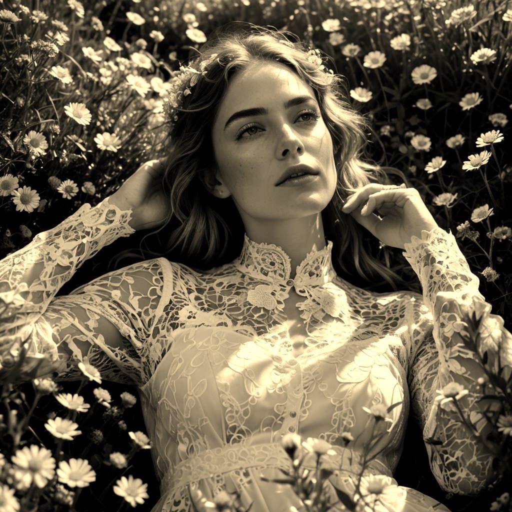 Dappled Sunlight on Woman Among Wildflowers