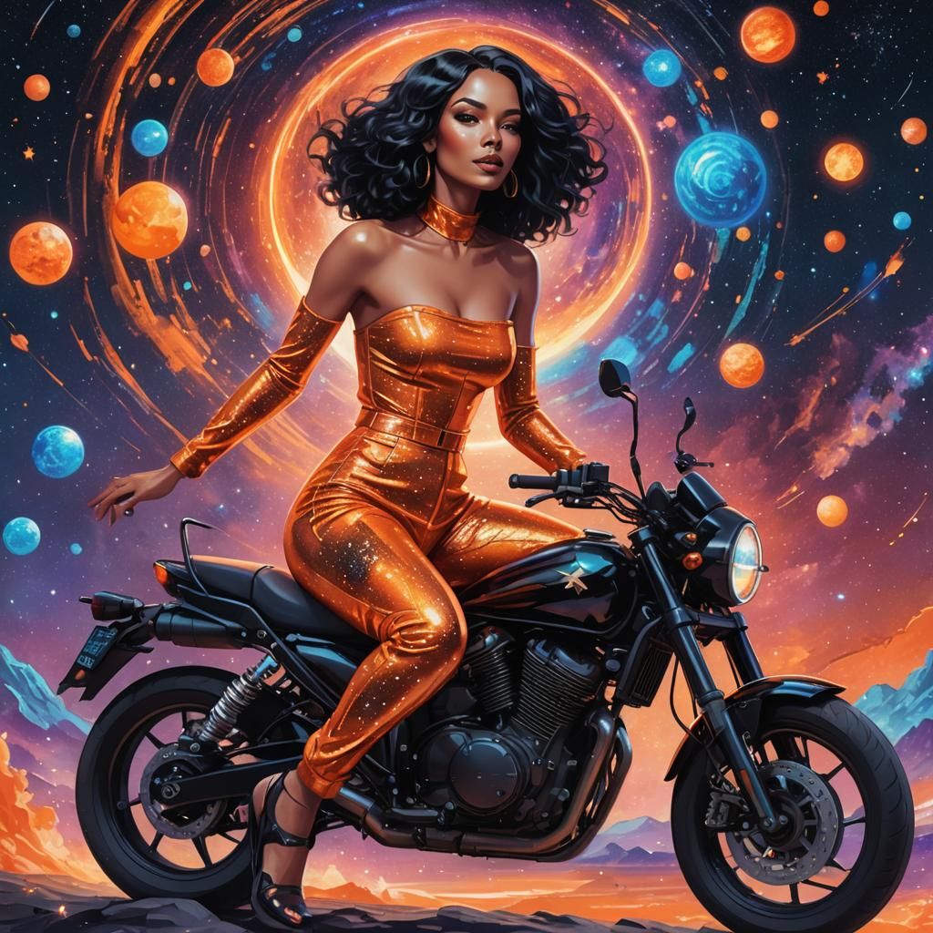 Woman on Motorbike in Cosmic Astral Illustration