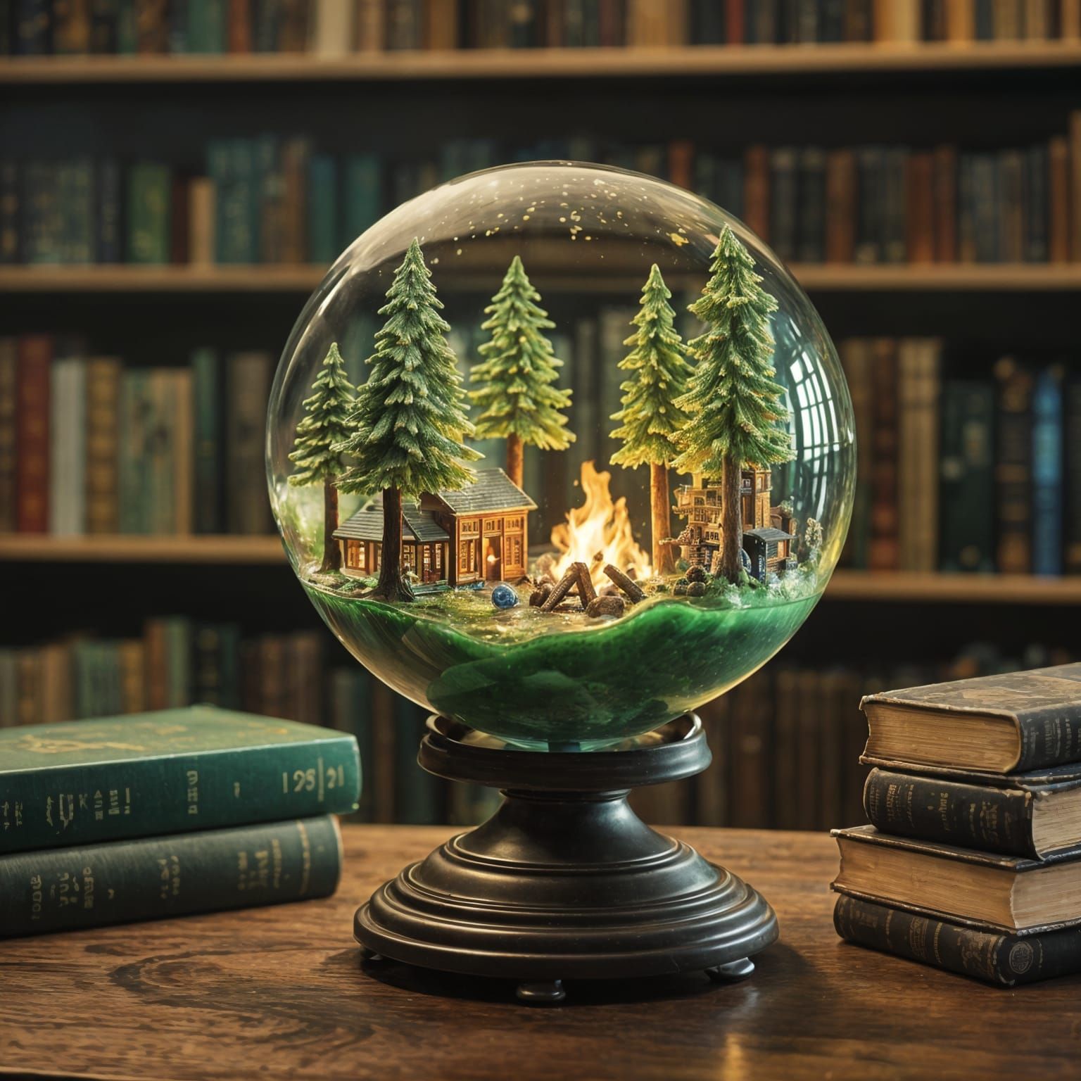 Forest in Glass Globe: Glass Art Library Scene