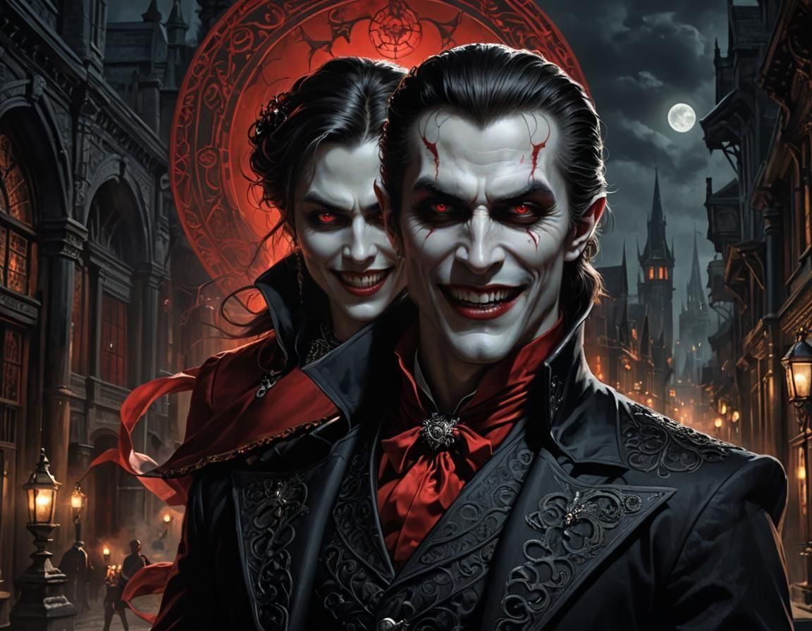 Smiling Vampire in 16th Century Suit on Victorian Street