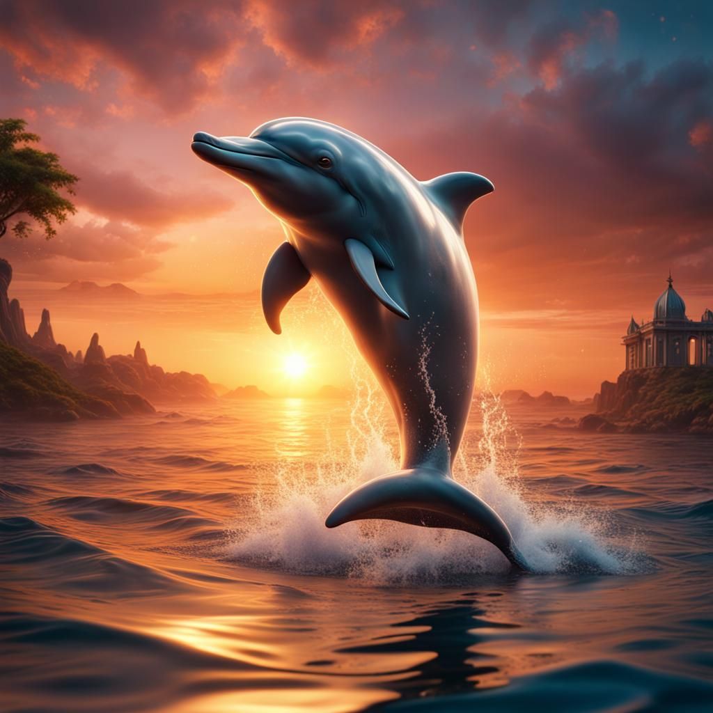 Dolphin Silhouette Praying at Sunset: Fantasy Concept Art