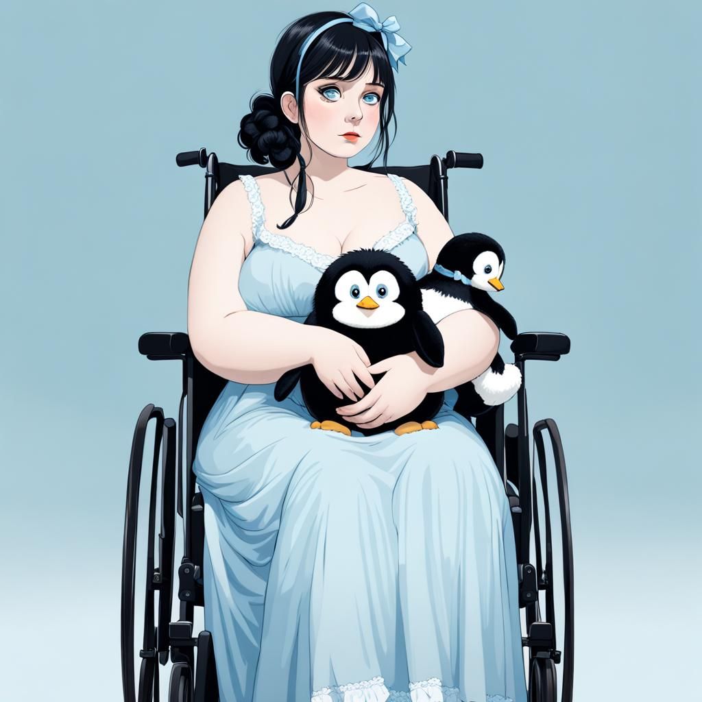 Lonely Woman with Penguin in Dark Gothic Art