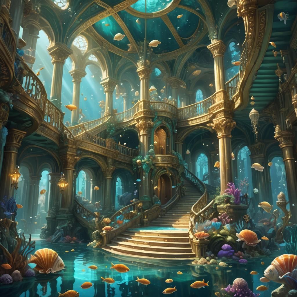 Ornate Underwater Palace Concept Art in Fantasy Style
